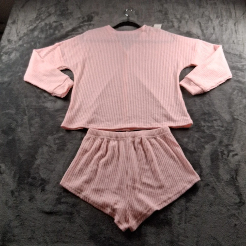 NWT Cupshe Pajama Set Womens Medium Pink Ribbed Cardigan and Shorts Loungewear